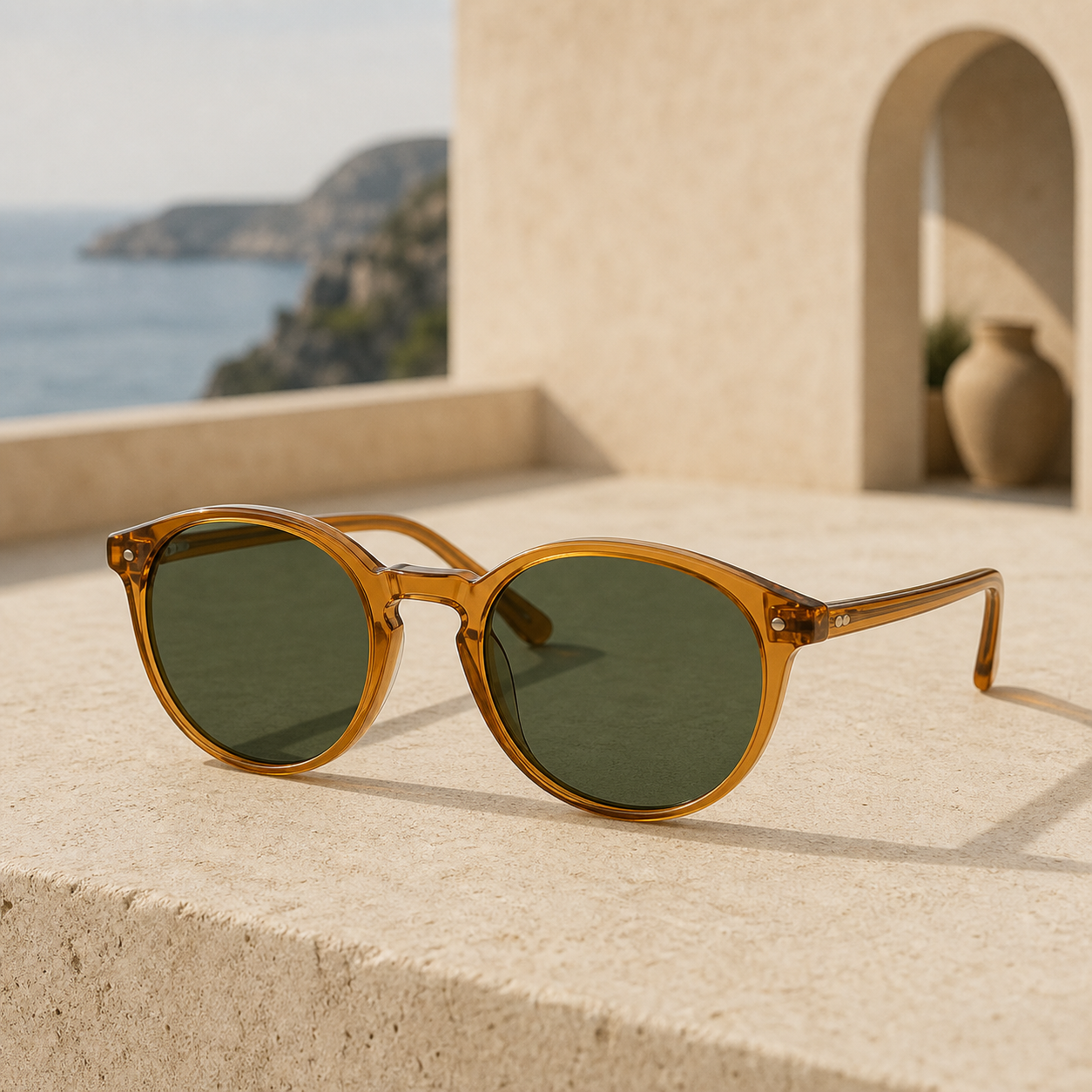 Monte Aure Capri Amber sunglasses in a Mediterranean coastal setting