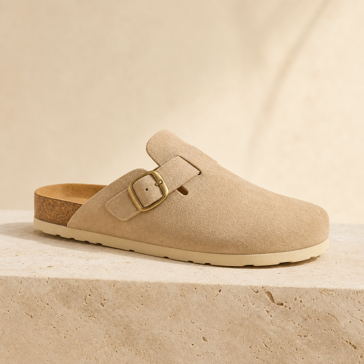 Monte Aure Positano sand suede clog with gold buckle and cork footbed