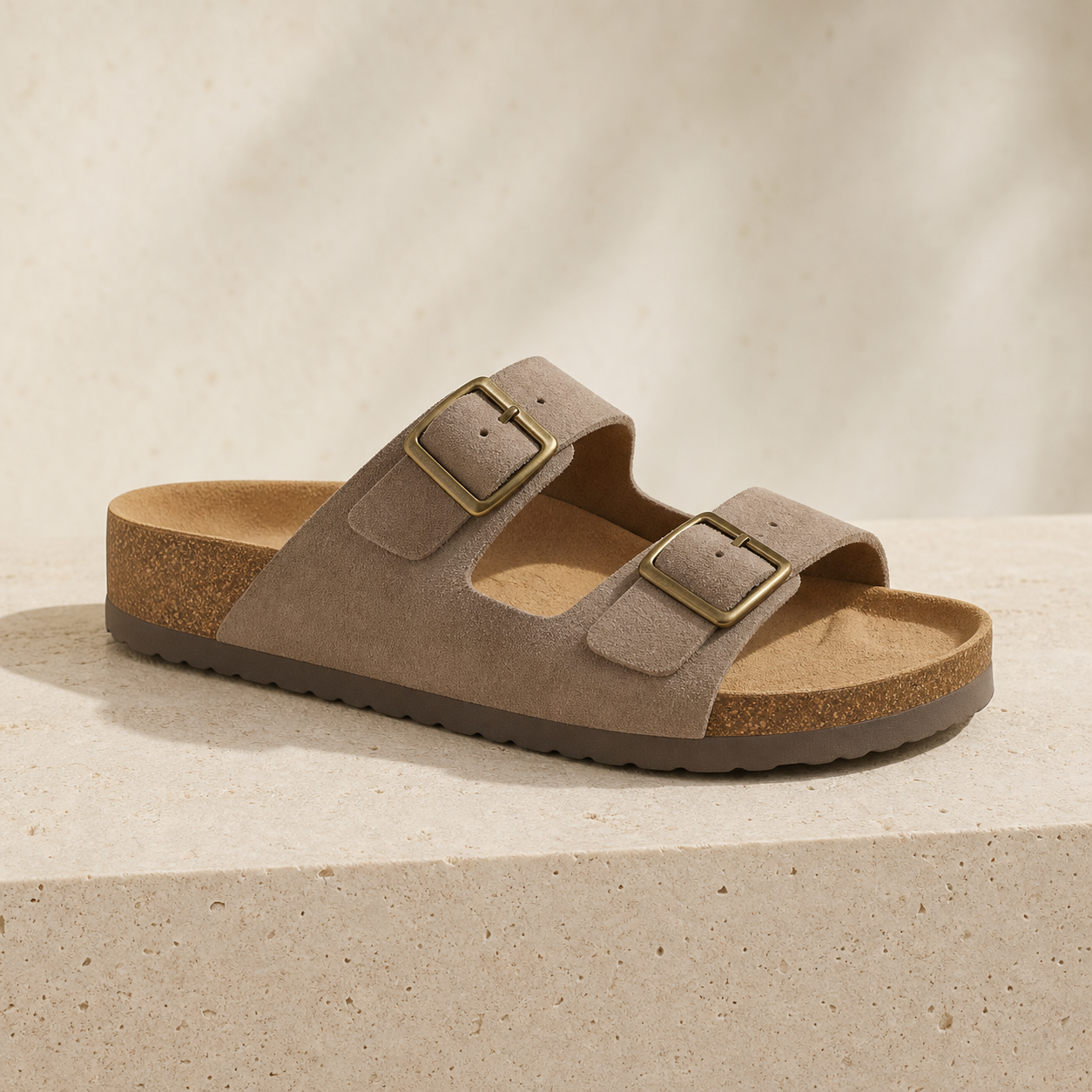 Monte Aure Sorrento taupe suede two-buckle sandal