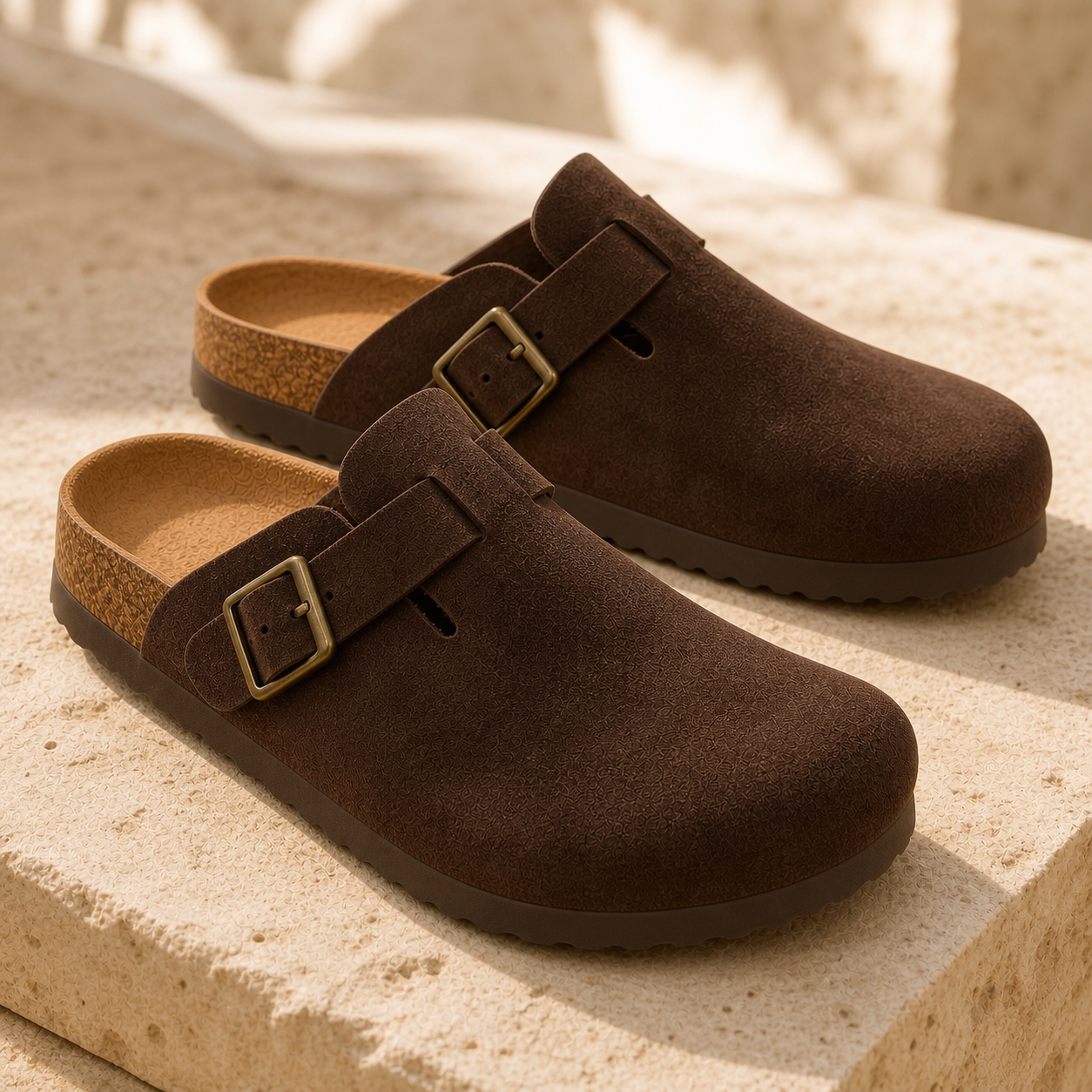 Monte Aure Taormina chocolate suede clog buckle and footbed detail