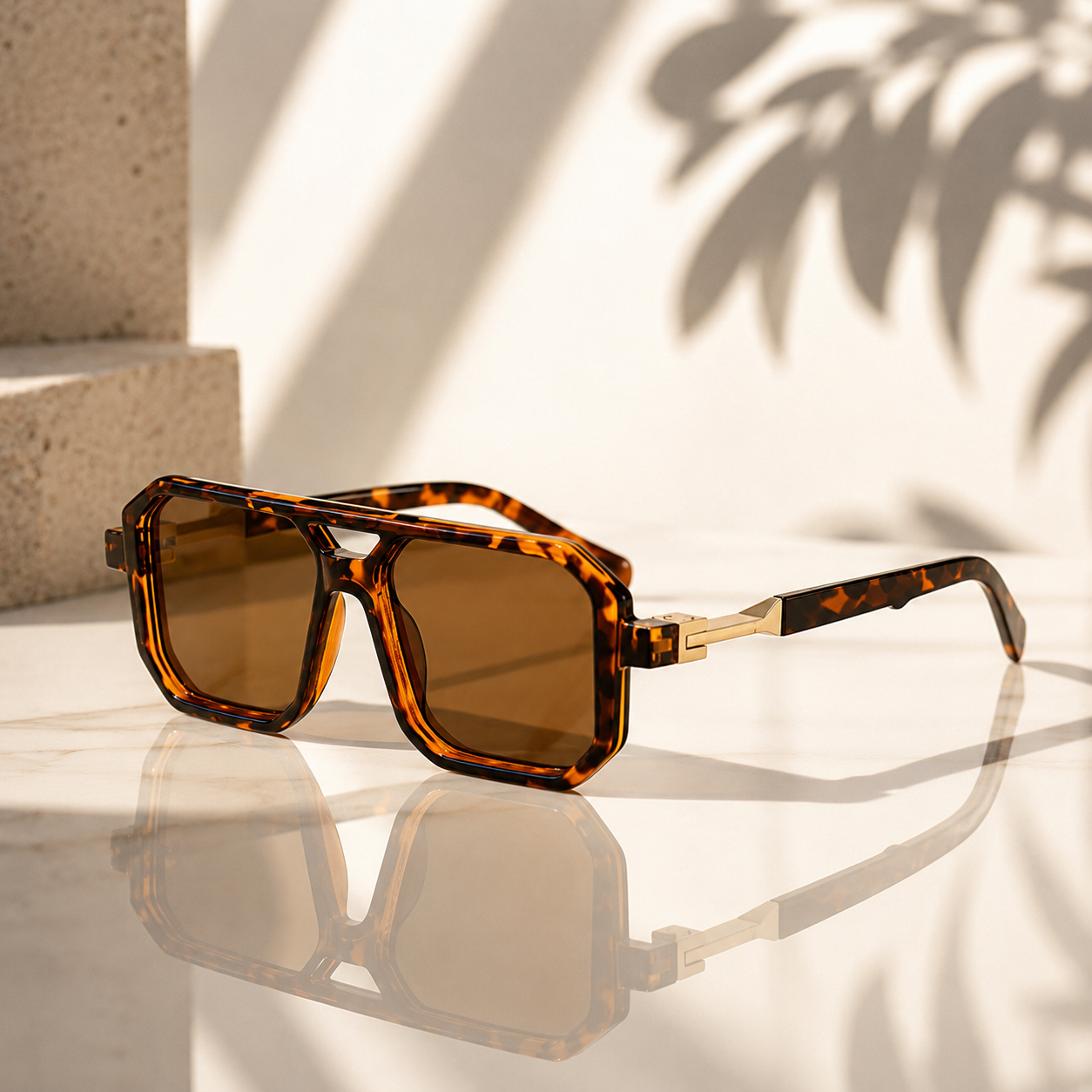 Tortoiseshell sunglasses with brown lenses on a reflective surface with light and shadow effects.
