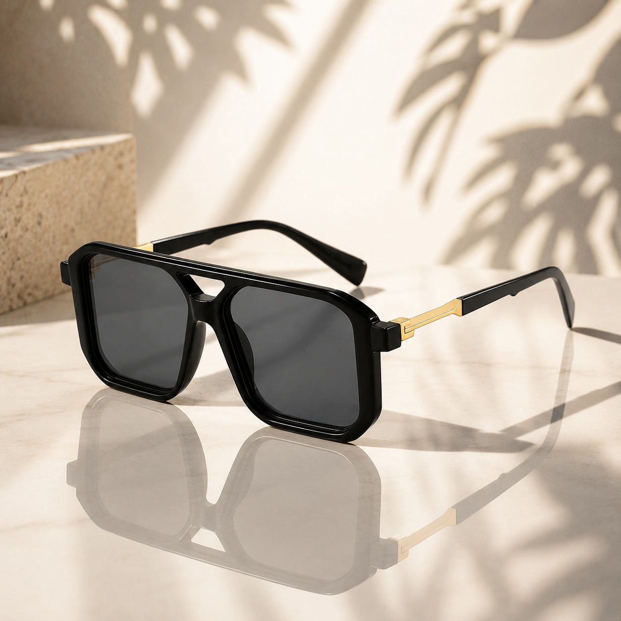 Black sunglasses with gold accents on a reflective surface with leaf shadows