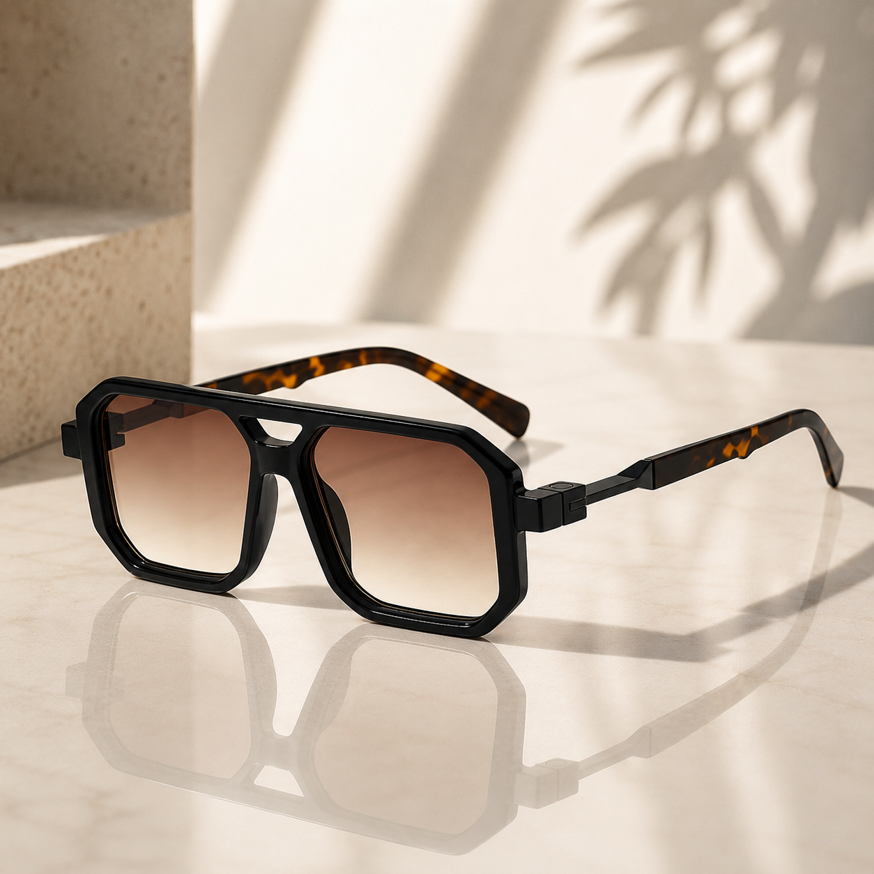 Sunglasses with tortoiseshell frame and gradient lenses on a light surface.