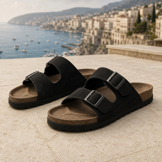 Monte Aure Amalfi Black sandals displayed on a coastal stone ledge