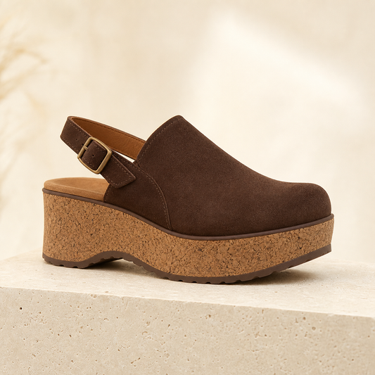 Monte Aure Capri chocolate suede platform clog with slingback strap