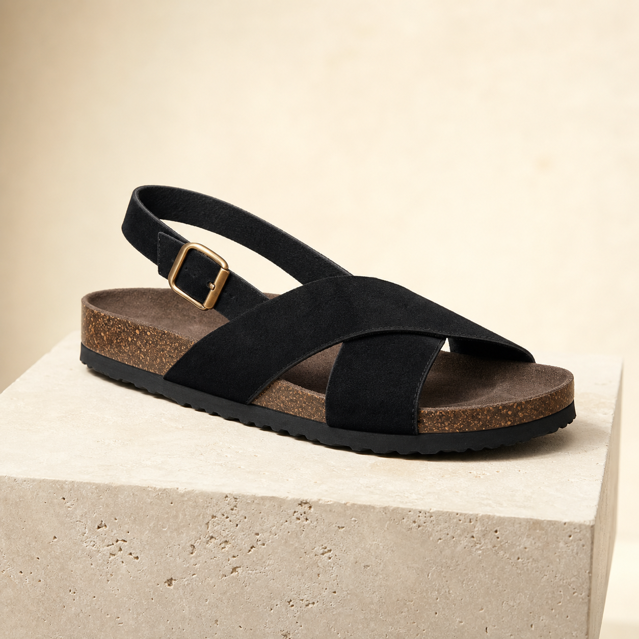 Monte Aure Ischia black suede slingback sandal with gold buckle