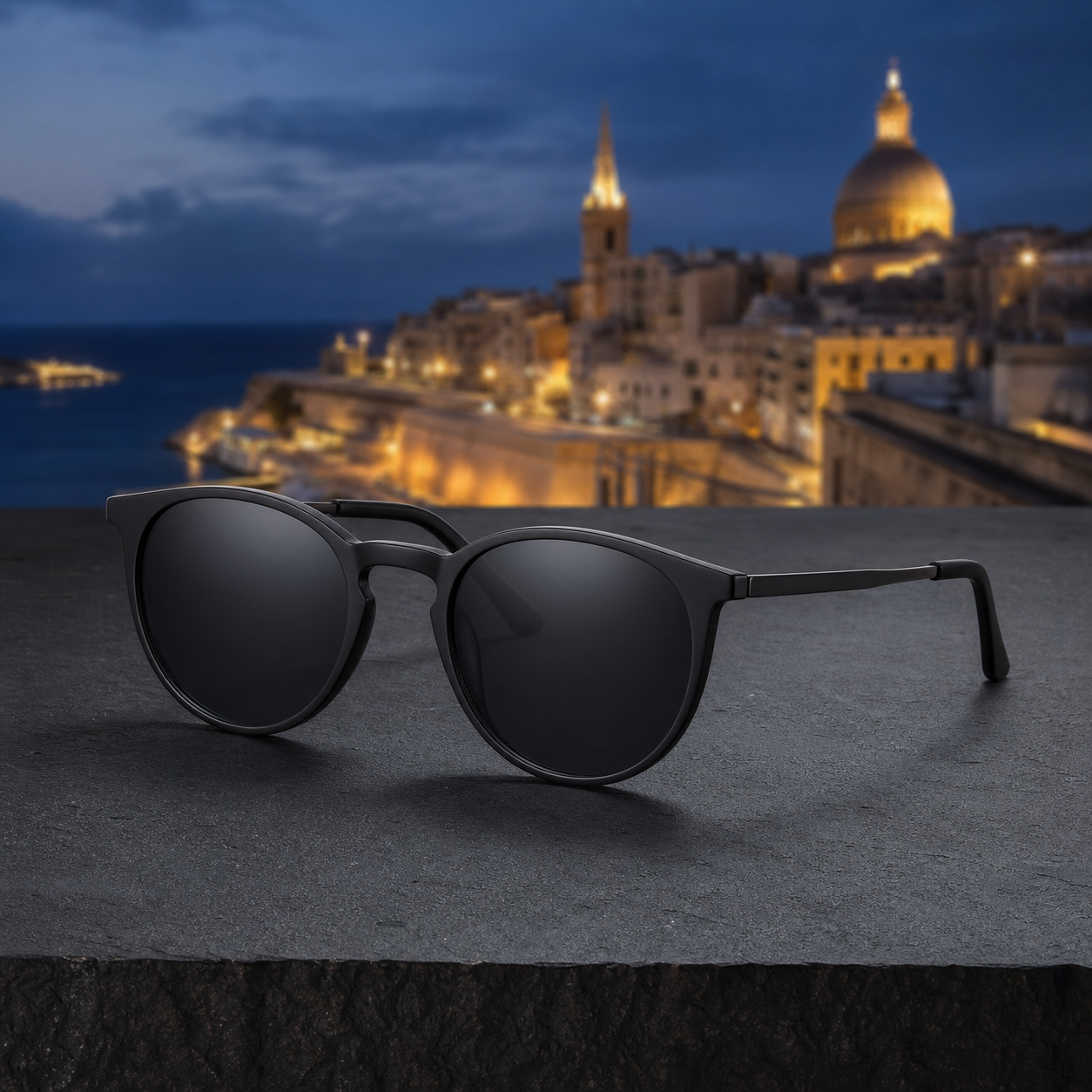 Monte Aure Nero Road black sunglasses in an urban city setting