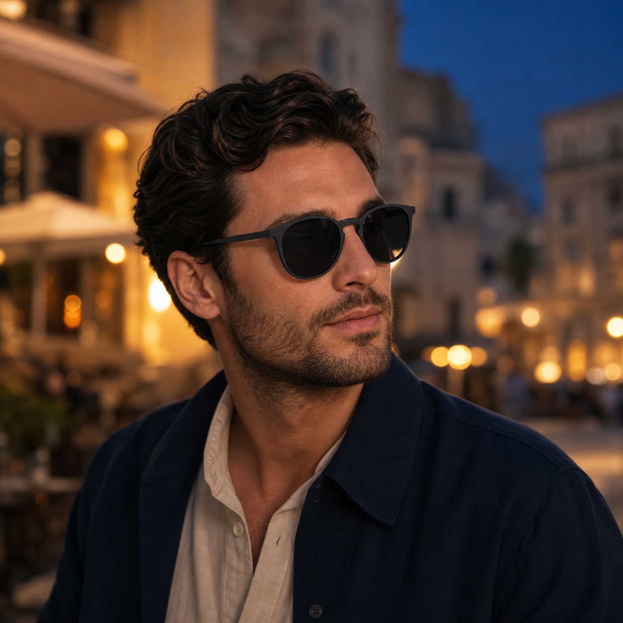 Model wearing Monte Aure Nero Road sunglasses outdoors