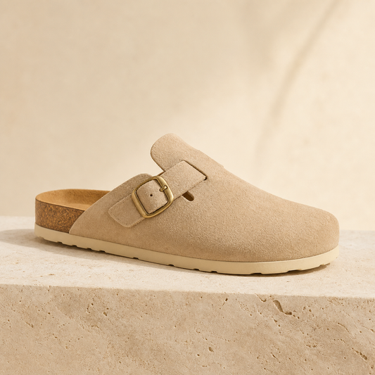 Monte Aure Positano sand suede clog with gold buckle and cork footbed
