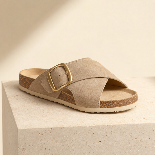 Monte Aure Ravello beige suede sandal with statement gold buckle
