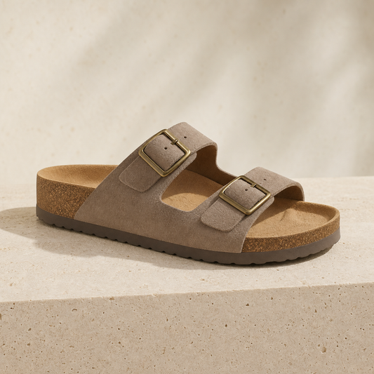 Monte Aure Sorrento taupe suede two-buckle sandal