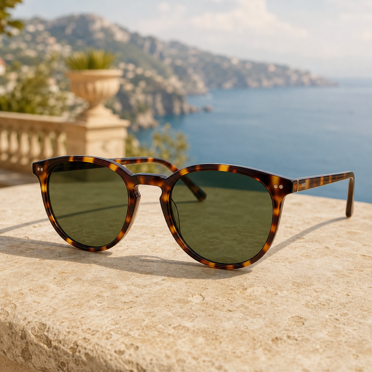 Monte Aure Sorrento Tortoise sunglasses on a coastal stone ledge