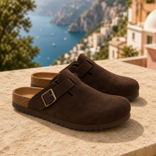 Monte Aure Taormina chocolate suede clogs by the coast