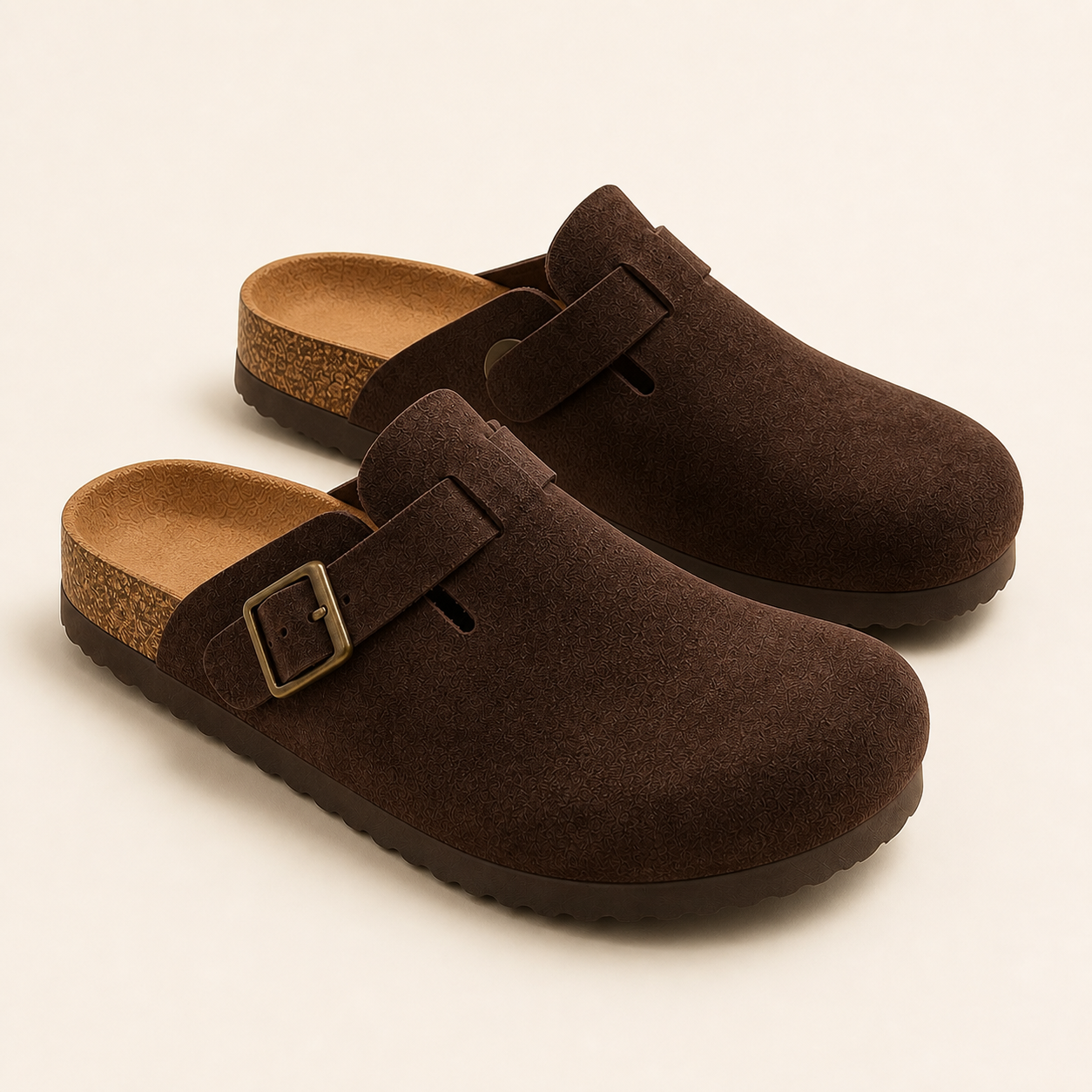 Monte Aure Taormina chocolate suede clogs studio view